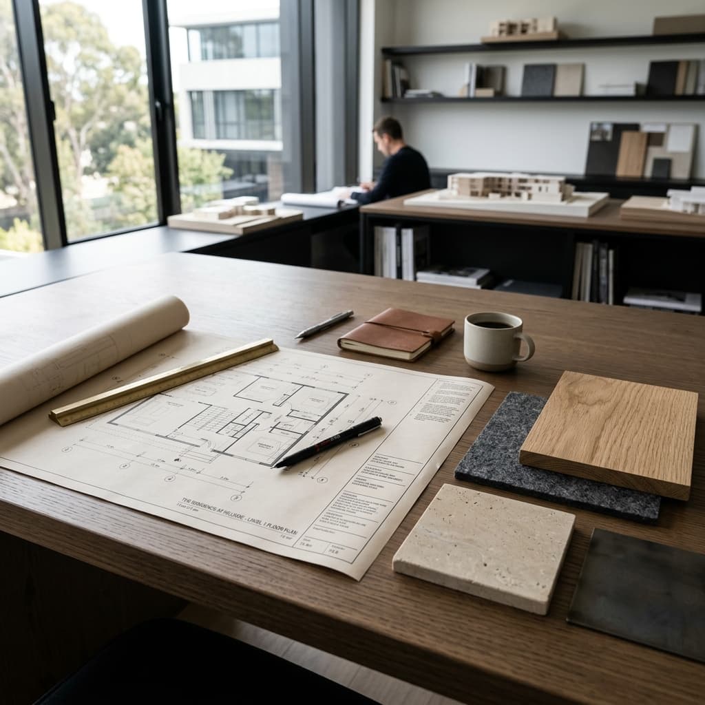 Professional services desk layout with samples